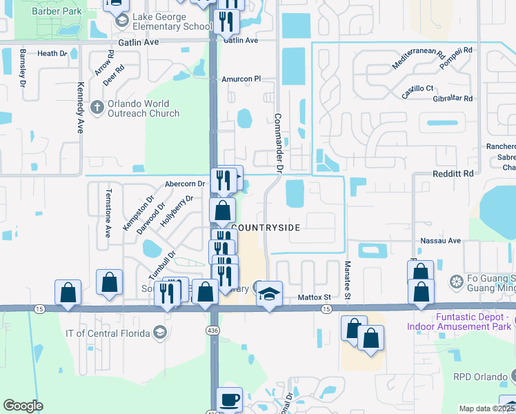 map of restaurants, bars, coffee shops, grocery stores, and more near 5336 Commander Drive in Orlando