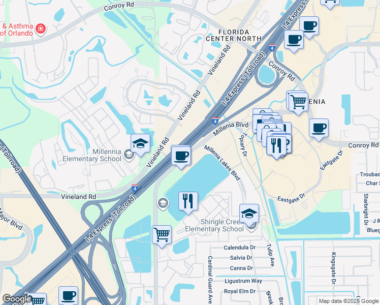 map of restaurants, bars, coffee shops, grocery stores, and more near 4550 Millenia Boulevard in Orlando