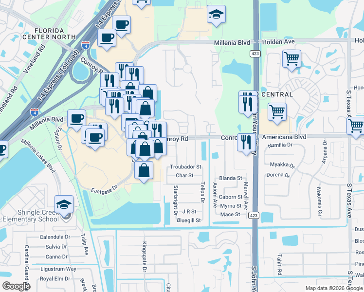 map of restaurants, bars, coffee shops, grocery stores, and more near 5301 Moonglow Boulevard in Orlando