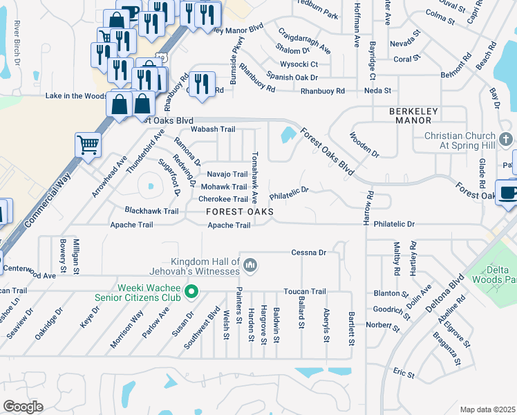 map of restaurants, bars, coffee shops, grocery stores, and more near 7476 Philatelic Drive in Spring Hill
