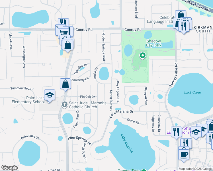 map of restaurants, bars, coffee shops, grocery stores, and more near 5367 Abelia Drive in Orlando