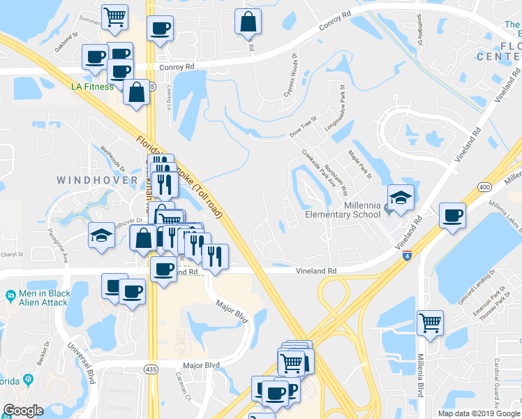 map of restaurants, bars, coffee shops, grocery stores, and more near 5463 Vineland Road in Orlando