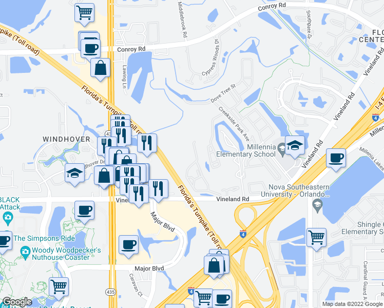 map of restaurants, bars, coffee shops, grocery stores, and more near 5463 Vineland Road in Orlando