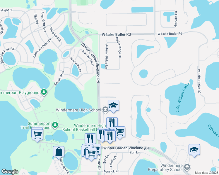 map of restaurants, bars, coffee shops, grocery stores, and more near 13474 Southern Way in Windermere