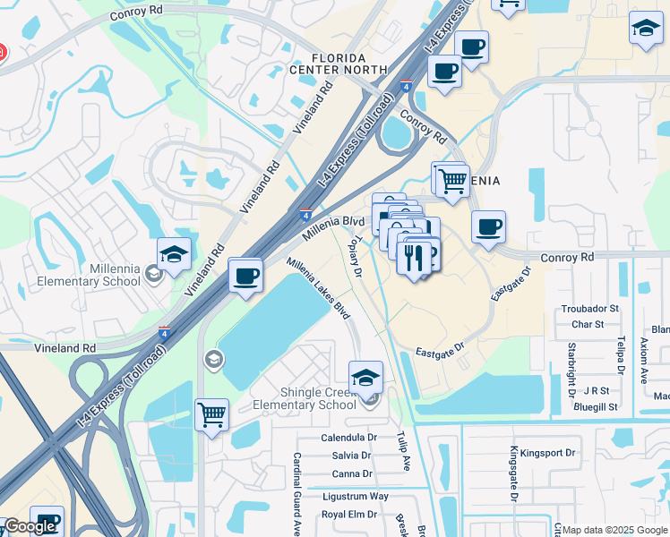 map of restaurants, bars, coffee shops, grocery stores, and more near 5337 Millenia Lakes Boulevard in Orlando