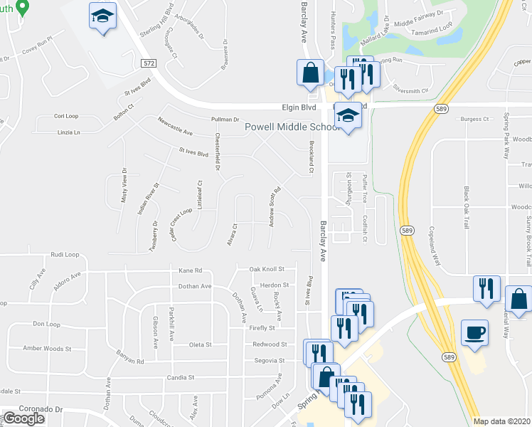 map of restaurants, bars, coffee shops, grocery stores, and more near 14113 Andrew Scott Road in Spring Hill