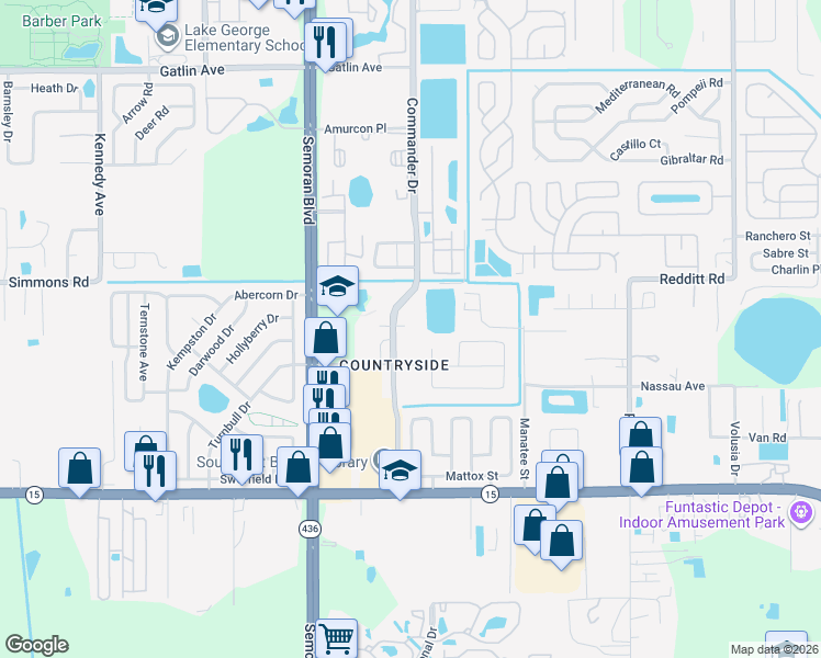 map of restaurants, bars, coffee shops, grocery stores, and more near 5300 Commander Drive in Orlando