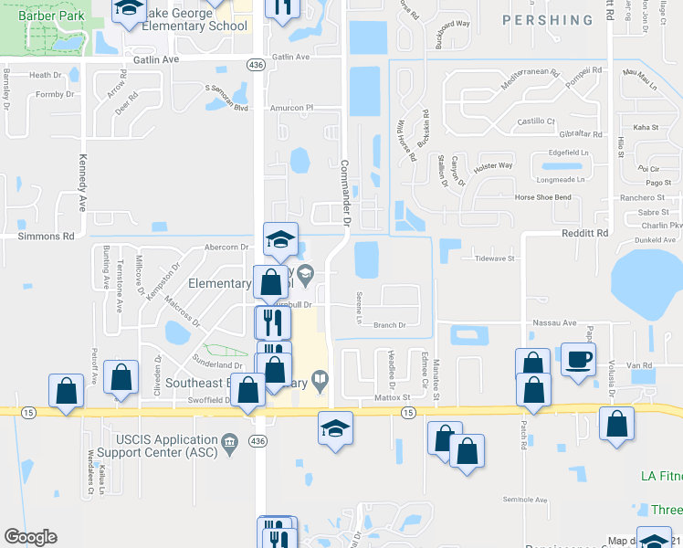 map of restaurants, bars, coffee shops, grocery stores, and more near 5325 Commander Drive in Orlando
