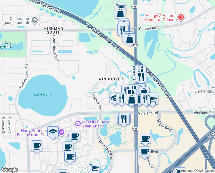map of restaurants, bars, coffee shops, grocery stores, and more near 6062 Peregrine Avenue in Orlando