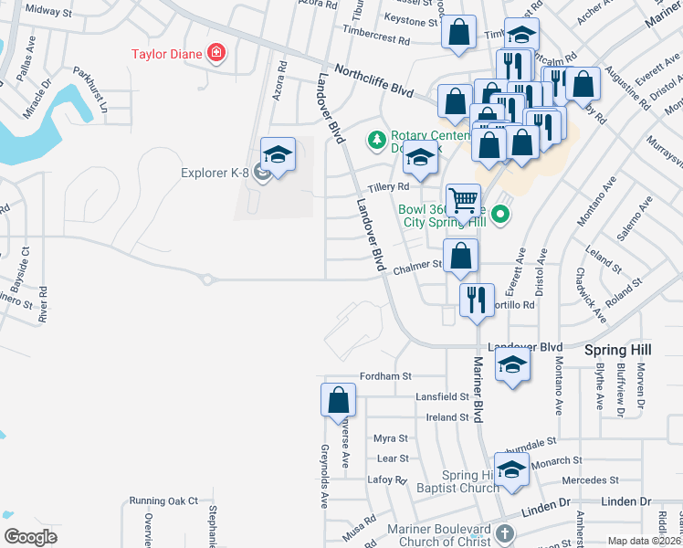 map of restaurants, bars, coffee shops, grocery stores, and more near 10322 Hemlock Street in Spring Hill