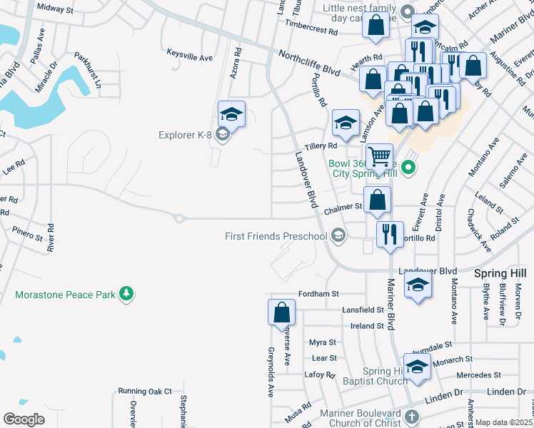 map of restaurants, bars, coffee shops, grocery stores, and more near 3455 Jason Road in Spring Hill