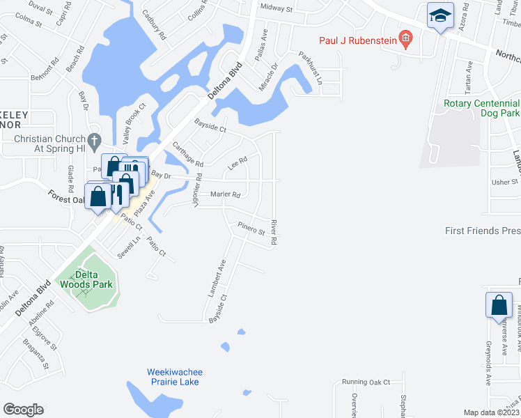 map of restaurants, bars, coffee shops, grocery stores, and more near 9630 Bayside Court in Spring Hill
