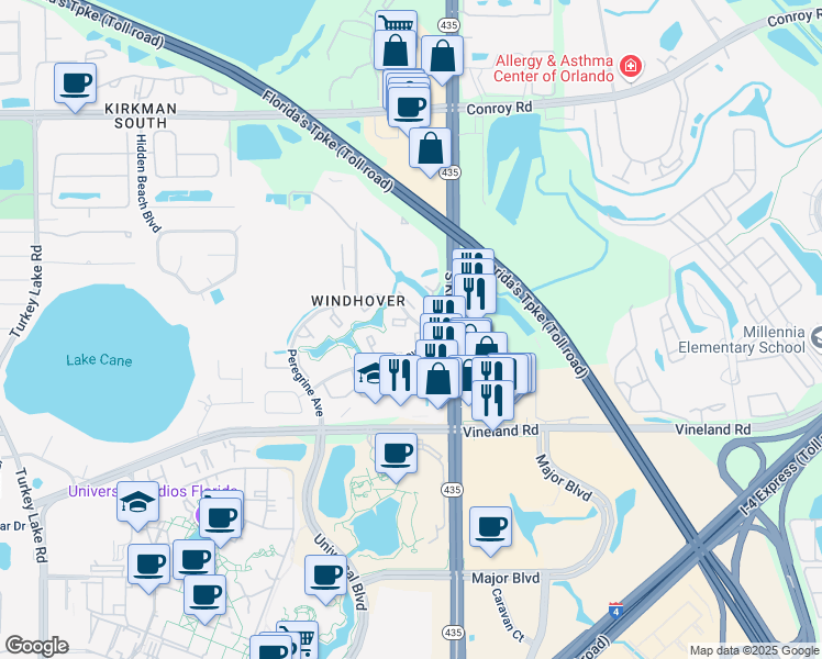 map of restaurants, bars, coffee shops, grocery stores, and more near 5949 Windhover Dr in Orlando