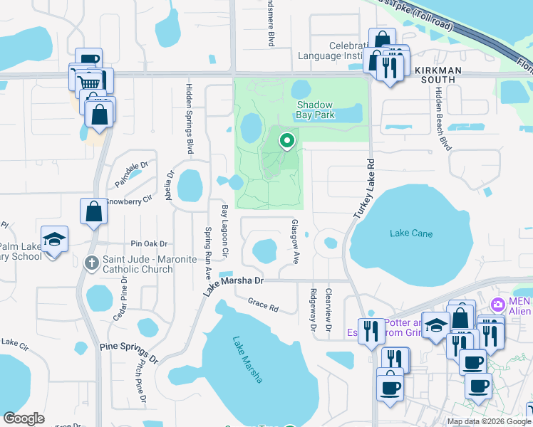map of restaurants, bars, coffee shops, grocery stores, and more near 7281 Glasgow Avenue in Orlando