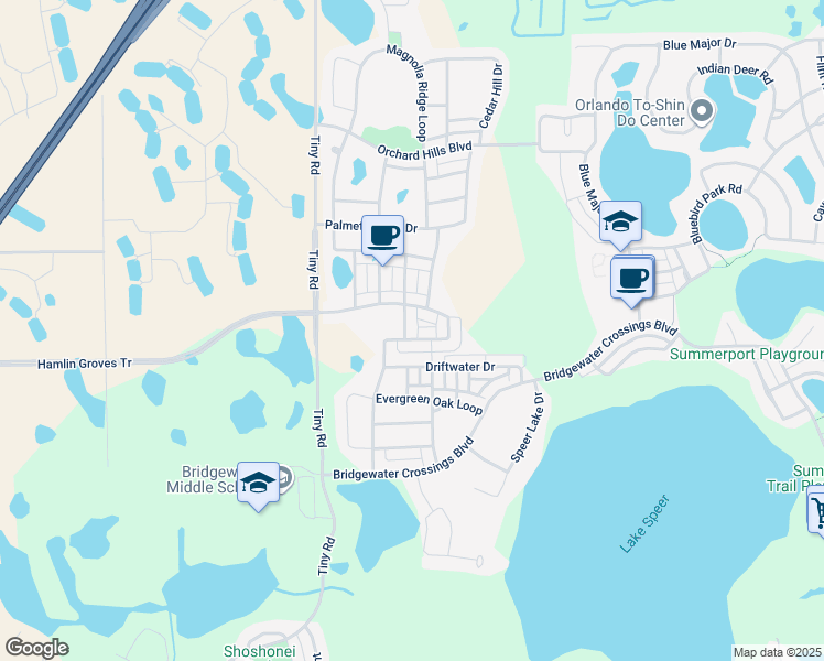 map of restaurants, bars, coffee shops, grocery stores, and more near 5867 Chestnut Chase Road in Winter Garden