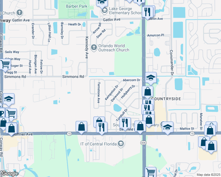 map of restaurants, bars, coffee shops, grocery stores, and more near 4654 Kempston Court in Orlando
