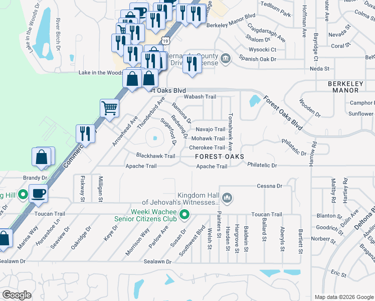 map of restaurants, bars, coffee shops, grocery stores, and more near 7400 Cherokee Trail in Spring Hill