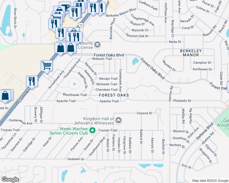 map of restaurants, bars, coffee shops, grocery stores, and more near 7492 Cherokee Trail in Spring Hill