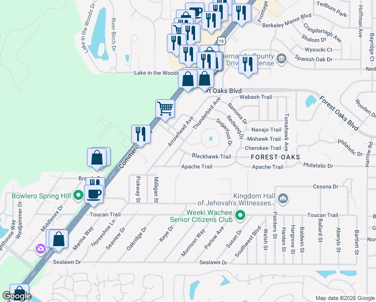 map of restaurants, bars, coffee shops, grocery stores, and more near 7249 Blackhawk Trail in Spring Hill