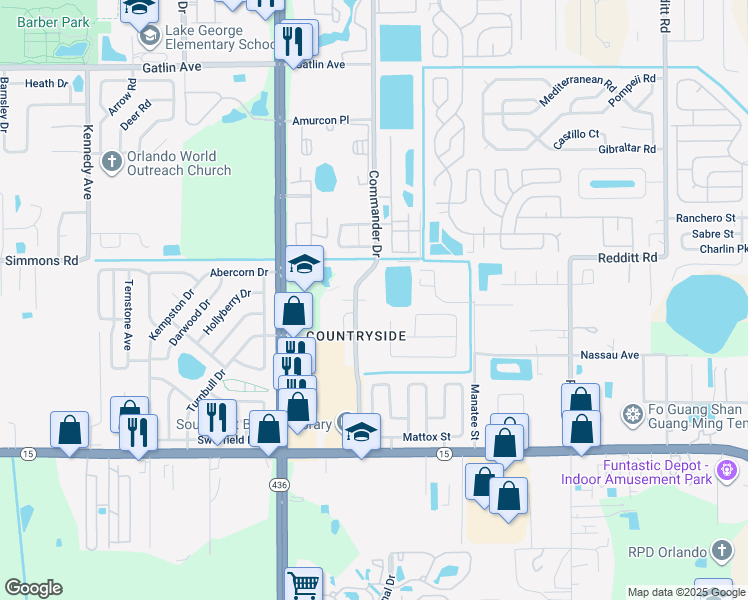 map of restaurants, bars, coffee shops, grocery stores, and more near 5325 Commander Drive in Orlando