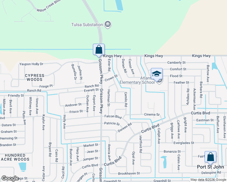 map of restaurants, bars, coffee shops, grocery stores, and more near 7230 Glentry Avenue in Cocoa