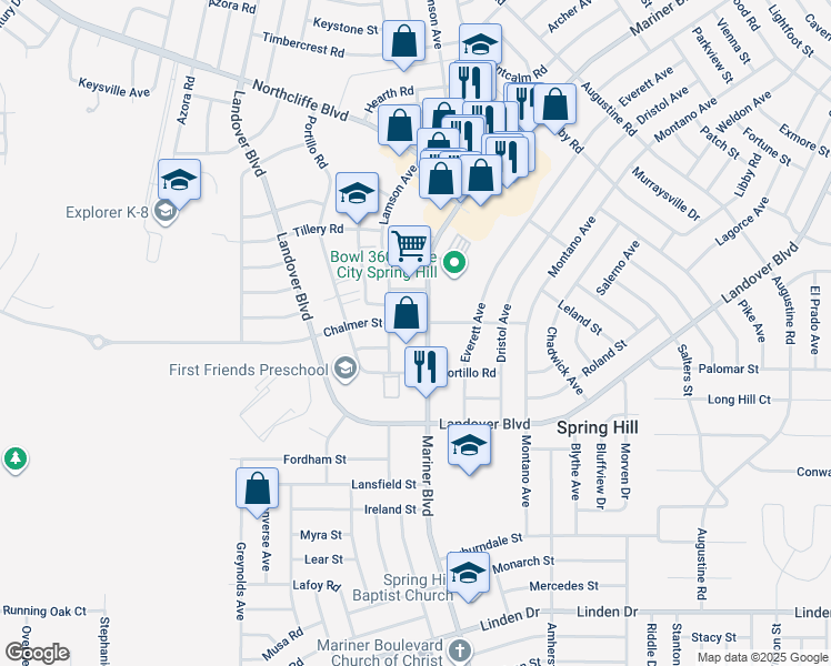 map of restaurants, bars, coffee shops, grocery stores, and more near 3485 Mariner Boulevard in Spring Hill