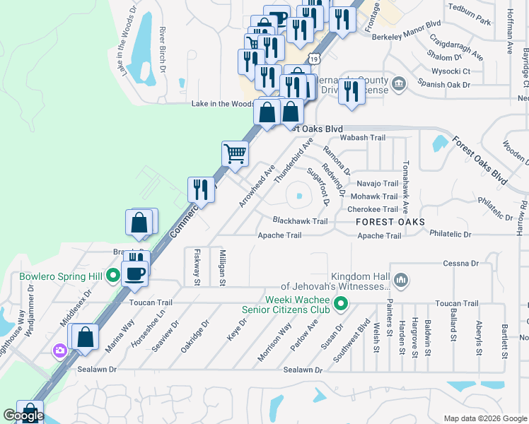 map of restaurants, bars, coffee shops, grocery stores, and more near 7249 Blackhawk Trail in Spring Hill