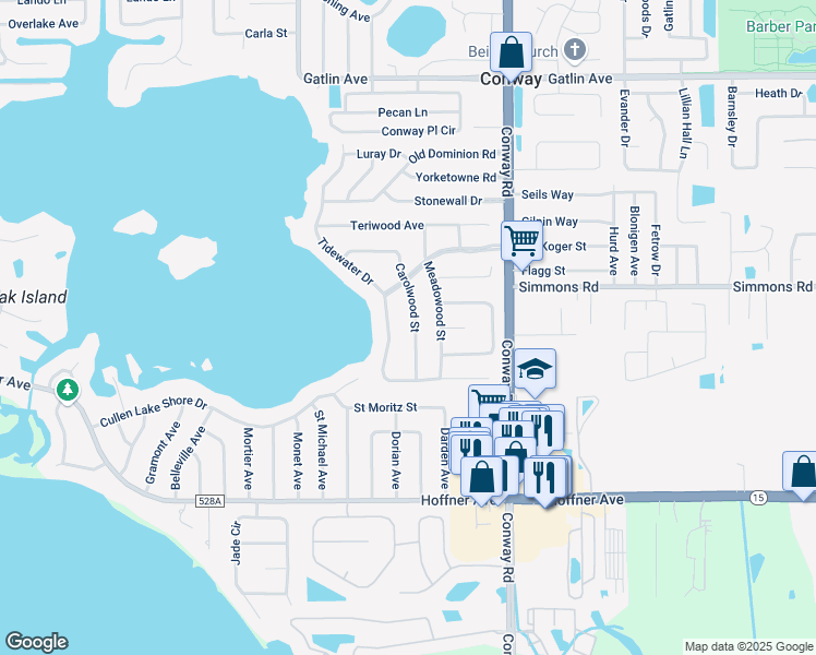 map of restaurants, bars, coffee shops, grocery stores, and more near 4402 Carolwood Street in Orlando