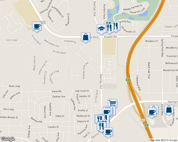 map of restaurants, bars, coffee shops, grocery stores, and more near 14217 Cascora Court in Spring Hill