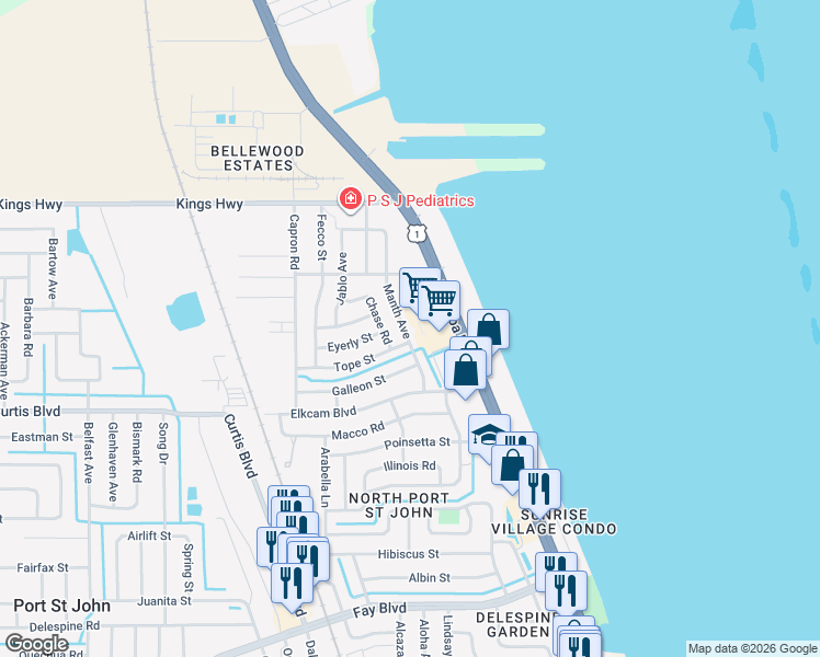 map of restaurants, bars, coffee shops, grocery stores, and more near 233 Manth Ave in Cocoa