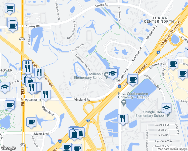 map of restaurants, bars, coffee shops, grocery stores, and more near 5161 Creekside Park Avenue in Orlando