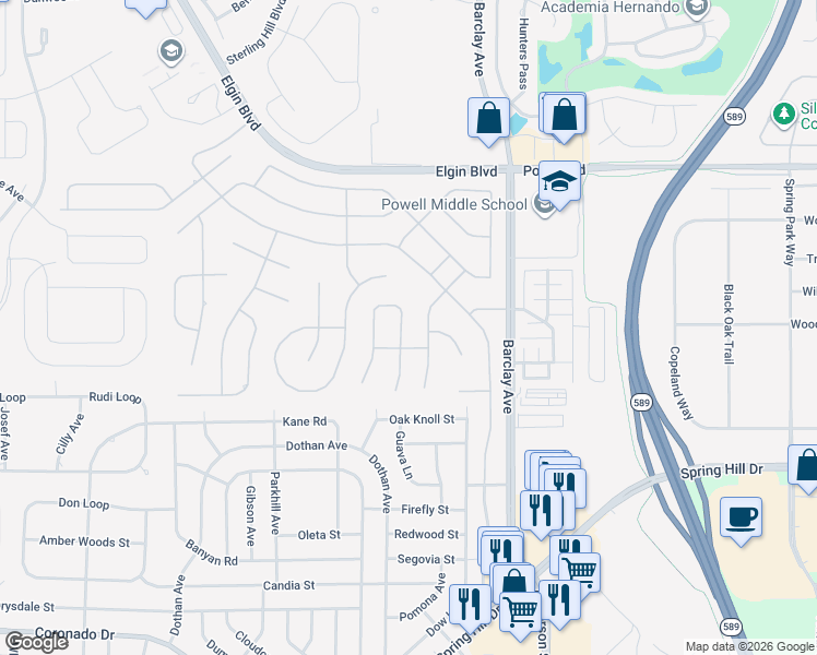 map of restaurants, bars, coffee shops, grocery stores, and more near 3527 Conifer Loop in Spring Hill