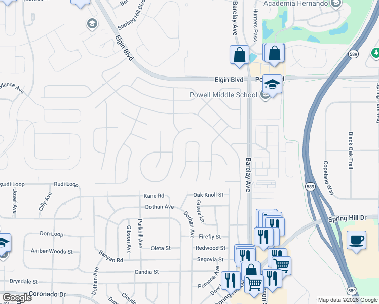 map of restaurants, bars, coffee shops, grocery stores, and more near 3462 Conifer Loop in Spring Hill