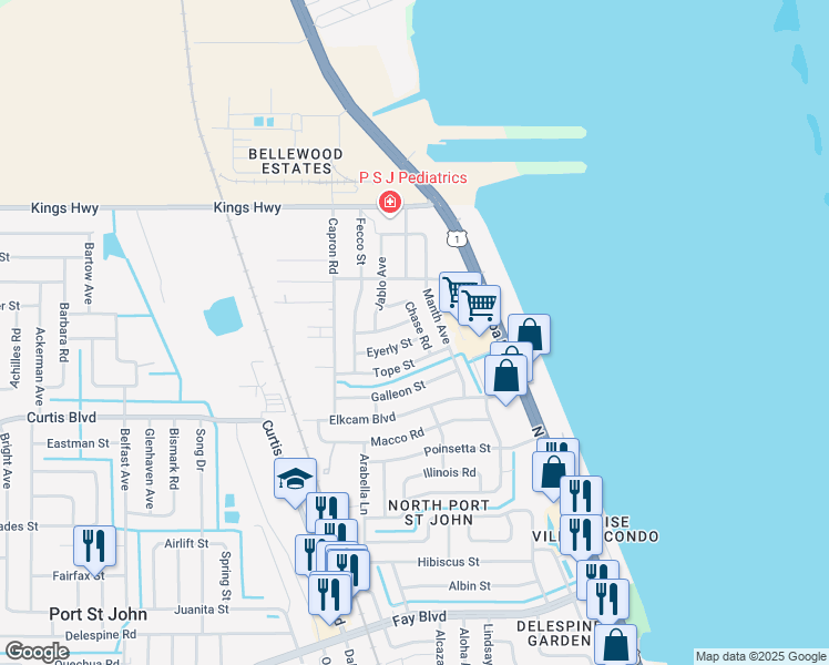 map of restaurants, bars, coffee shops, grocery stores, and more near 1000 Eyerly Street in Cocoa