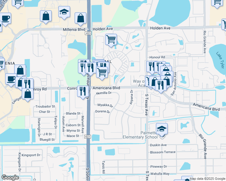 map of restaurants, bars, coffee shops, grocery stores, and more near 2609 Numilla Drive in Orlando