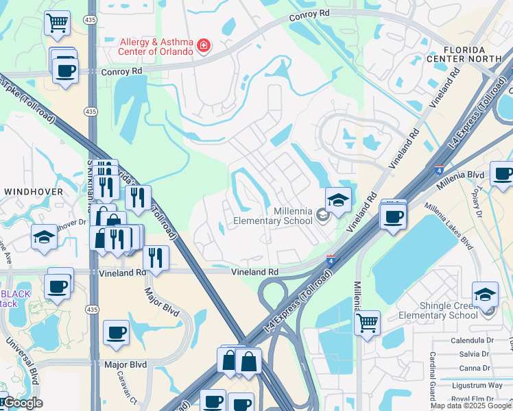 map of restaurants, bars, coffee shops, grocery stores, and more near 5190 Cypress Creek Drive in Orlando