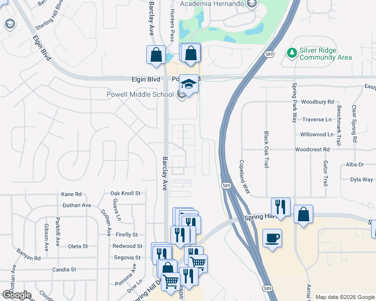 map of restaurants, bars, coffee shops, grocery stores, and more near 3454 Suncoast Villa Way in Spring Hill