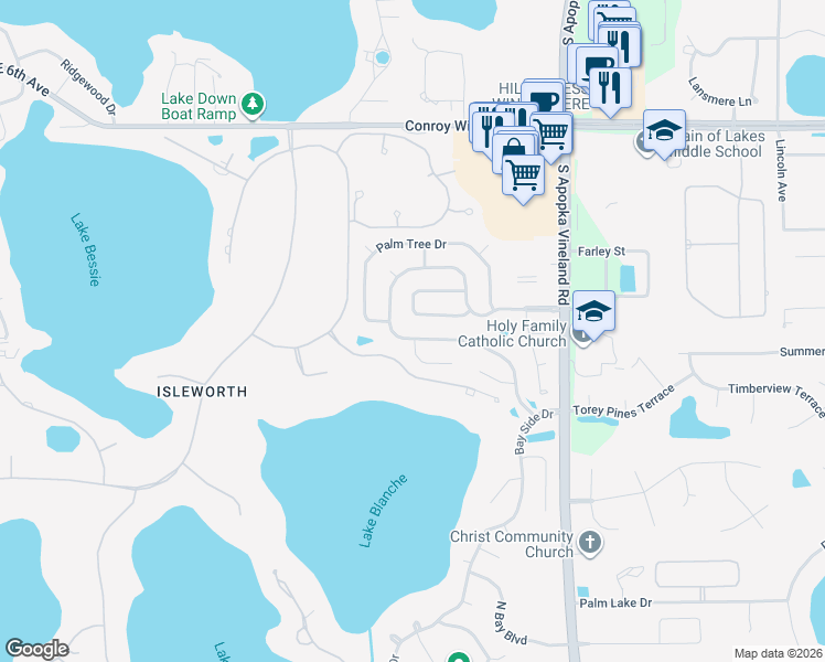 map of restaurants, bars, coffee shops, grocery stores, and more near 9402 Woodbreeze Boulevard in Windermere