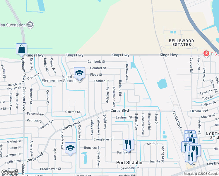 map of restaurants, bars, coffee shops, grocery stores, and more near 7271 Achilles Rd in Cocoa