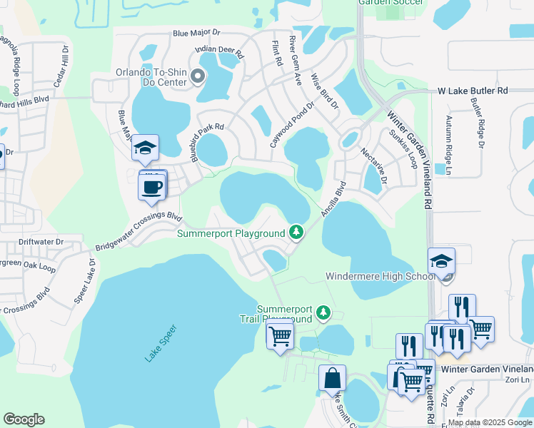 map of restaurants, bars, coffee shops, grocery stores, and more near 5414 Gemgold Court in Windermere
