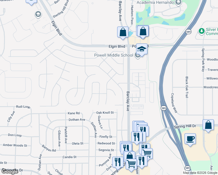 map of restaurants, bars, coffee shops, grocery stores, and more near 14217 Cascora Court in Spring Hill