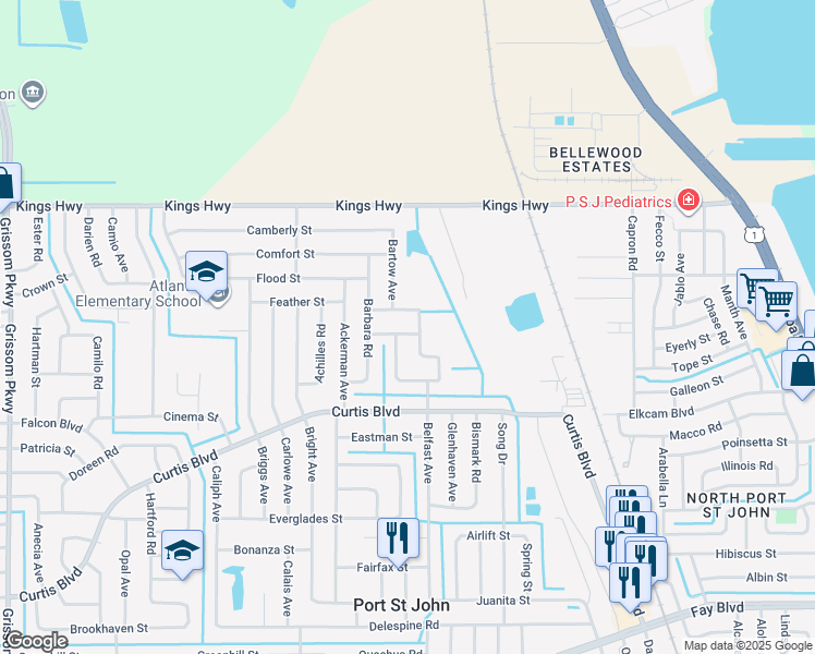 map of restaurants, bars, coffee shops, grocery stores, and more near 4230 Glover Street in Cocoa