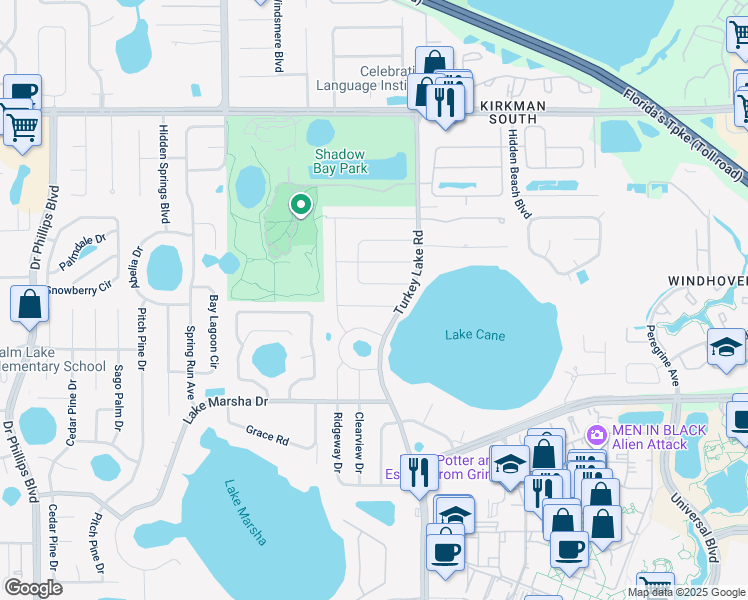 map of restaurants, bars, coffee shops, grocery stores, and more near 7015 Skylane Drive in Orlando