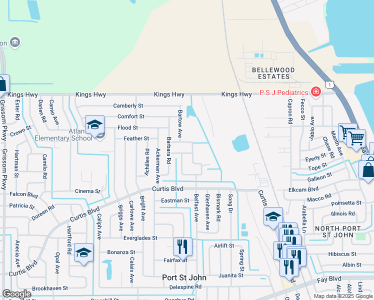 map of restaurants, bars, coffee shops, grocery stores, and more near 4230 Glover Street in Cocoa