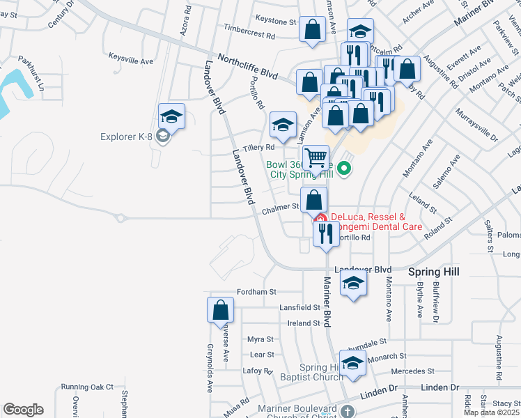 map of restaurants, bars, coffee shops, grocery stores, and more near 2883 Landover Boulevard in Spring Hill