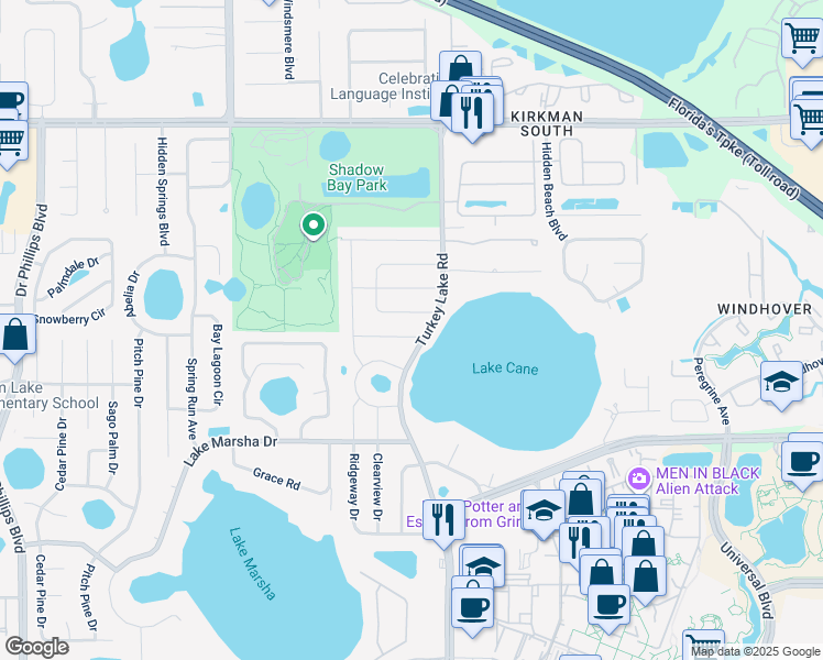 map of restaurants, bars, coffee shops, grocery stores, and more near 7015 Skylane Drive in Orlando