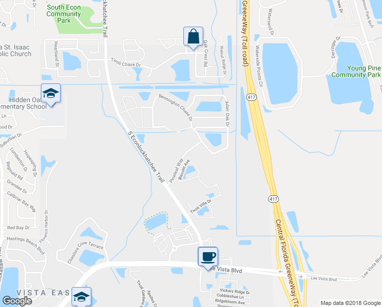 map of restaurants, bars, coffee shops, grocery stores, and more near 9870 Biscotti Avenue in Orlando
