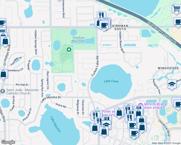 map of restaurants, bars, coffee shops, grocery stores, and more near 7015 Skylane Drive in Orlando