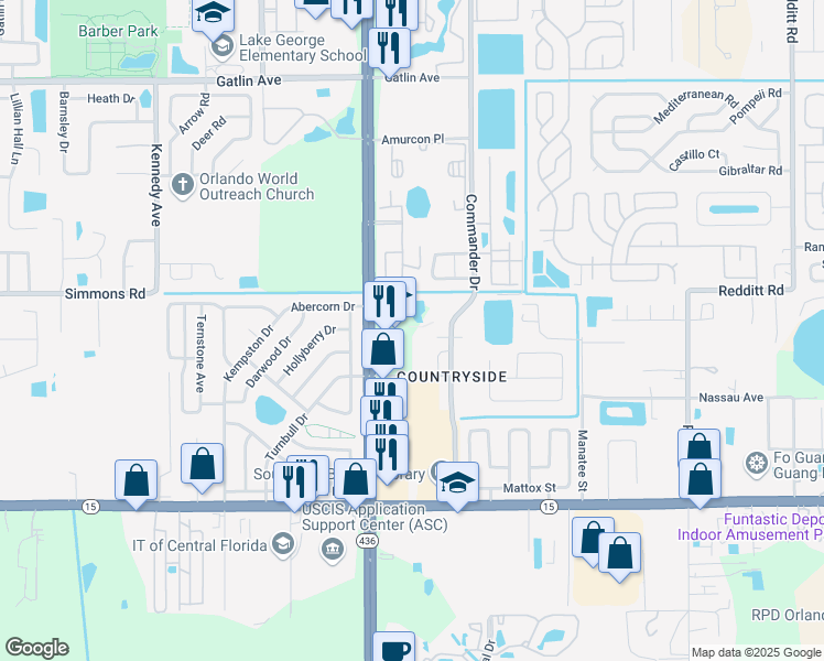 map of restaurants, bars, coffee shops, grocery stores, and more near 5225 South Semoran Boulevard in Orlando