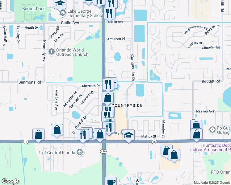 map of restaurants, bars, coffee shops, grocery stores, and more near 5225 South Semoran Boulevard in Orlando